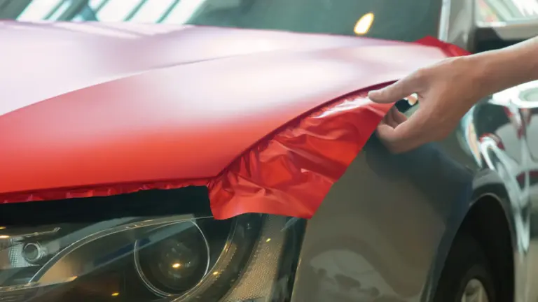 Mão levantando película vermelha aplicada sobre o capô de um carro cinza