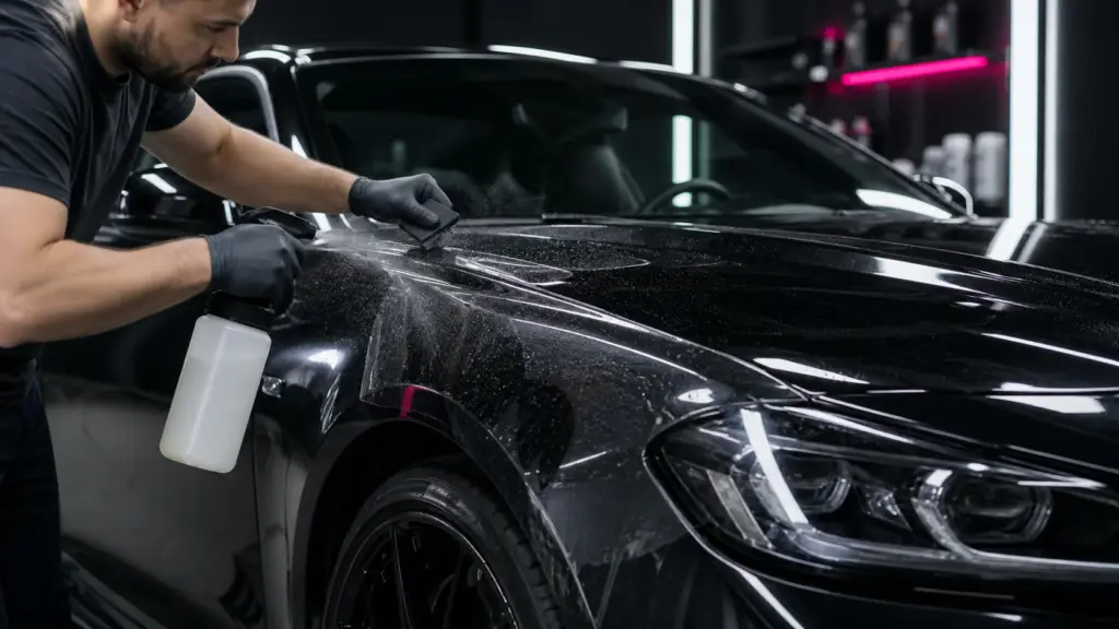 Profissional aplicando película PPF transparente no capô de um carro preto