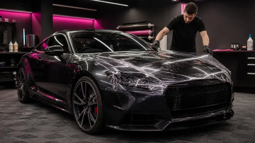 Profissional aplicando película PPF transparente no capô de um carro preto
