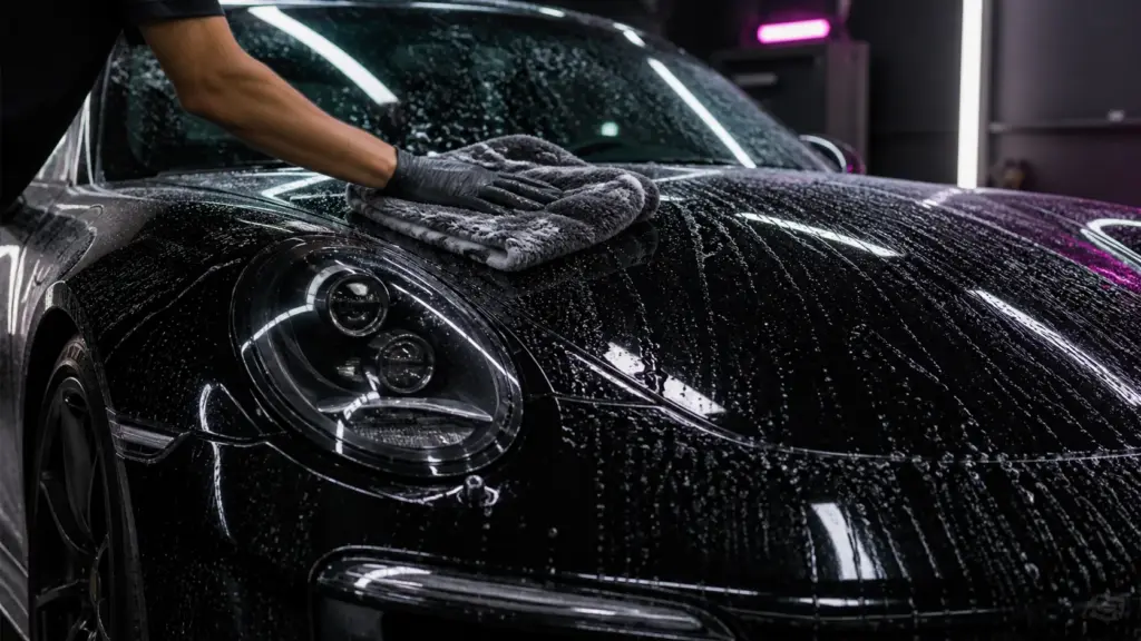 Lavagem cuidadosa do capô de um carro preto protegido com PPF