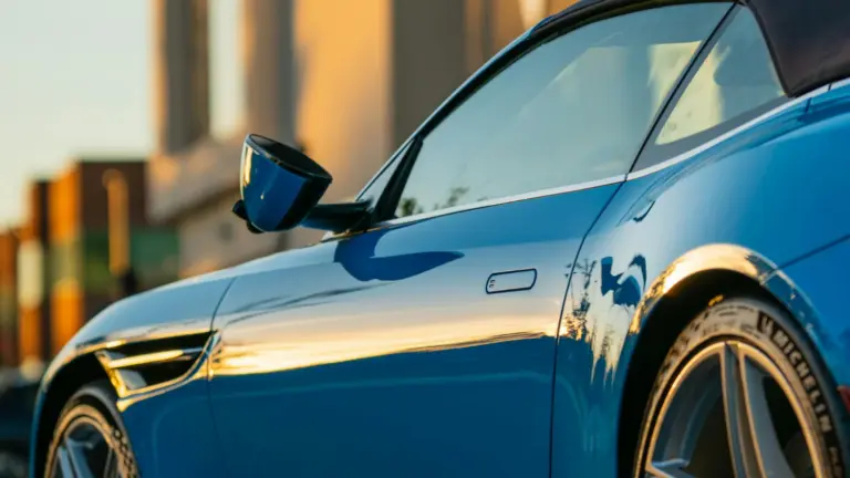 Lateral de carro azul com pintura brilhante refletindo a luz do fim de tarde