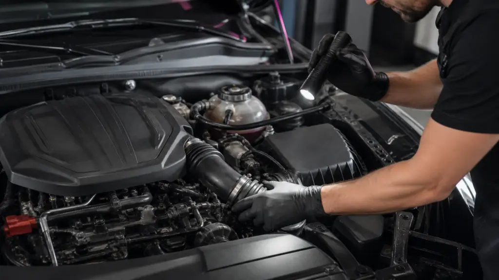 Técnico inspeciona o motor antes de realizar a reprogramação eletrônica