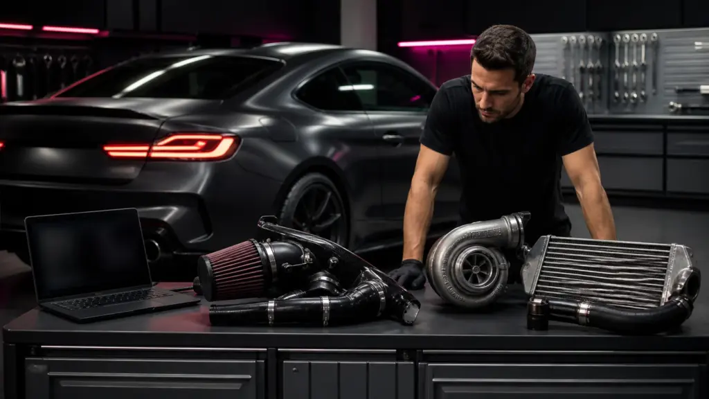 Técnico compara componentes usados em diferentes níveis de preparação automotiva
