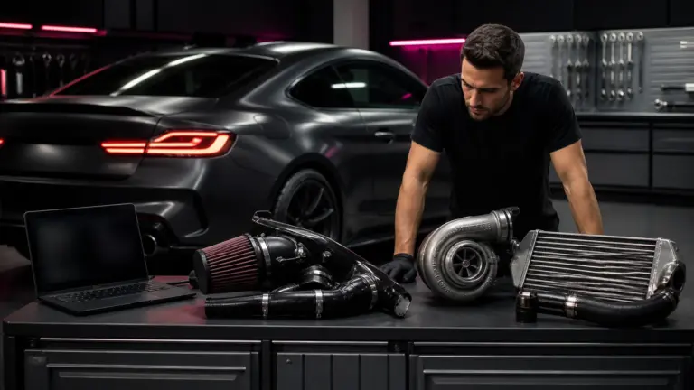 Técnico compara componentes usados em diferentes níveis de preparação automotiva