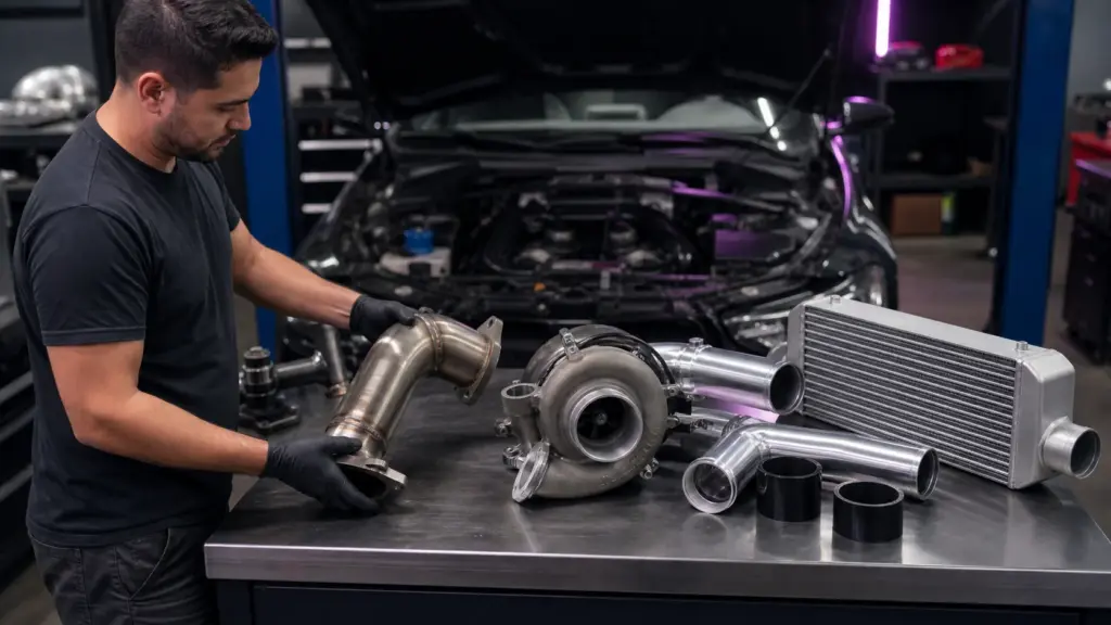 Técnico avalia turbo, intercooler e tubulações para uma preparação automotiva avançada